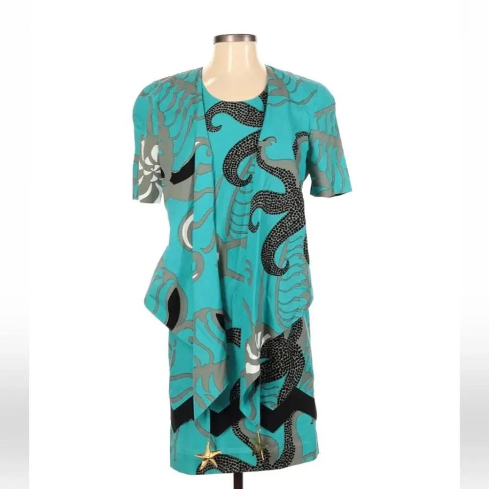 Vintage 80s La Bossa octopus and starfish blue & grey midi dress, size 36 or XS